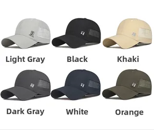 Detail view of breathable mesh panels and quick-dry fabric on various baseball caps