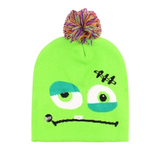 Luminous green Halloween knit hat with monster face and colorful pompom and LED lights