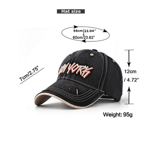 Detailed dimensions of the black New York embroidered baseball cap with distressed brim