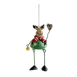 Hanging iron reindeer ornament with red striped scarf and green bell-shaped body