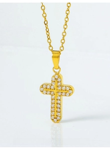 Macro shot of gold cross pendant with micro-pave zircons, metal bail detail (pendant only)