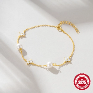 Elegant S925 sterling silver gold bracelet with white pearls and zircon flower charms