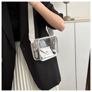 Modern white transparent PVC crossbody bag with wide strap shown on a female model