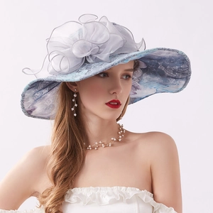 Women Sun Hat Large Wide Brim Lace Organza Flower Elegant UV Protection Foldable Beach Travel Adjustable