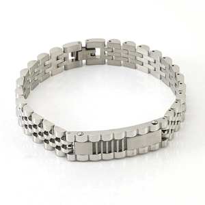 Men's silver stainless steel watch-style link bracelet with polished plate on white surface