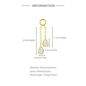 Detailed view of S925 silver teardrop zircon earring charm with size specifications