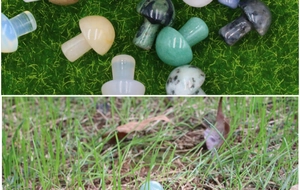 Close-up of mini crystal mushroom stones for garden decoration and DIY landscaping