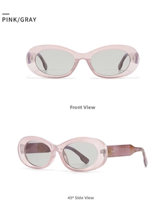 Front and side view of retro oval sunglasses with pink frames and gray lenses
