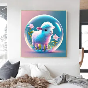 Modern gold framed square diamond painting featuring a dreamy cartoon sheep and purple flowers