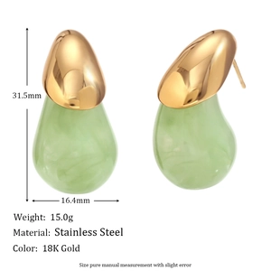 Ins style 18K gold plated stainless steel teardrop earrings in light green and gold