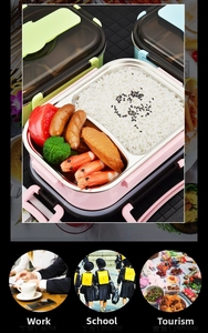 Divided 304 stainless steel bento box with pink shell for work, school and travel