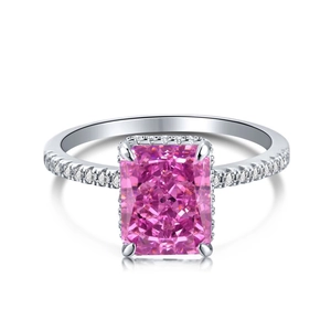 Lussuoso anello in argento S925 con pietra rosa rettangolare taglio ghiaccio e halo