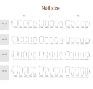 Detailed size chart for cat eye press-on nails in oval, square, and almond shapes