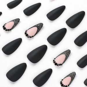 French black tip matte press-on nails with rhinestones and black glitter gradient
