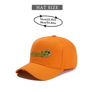 Close-up of orange baseball cap featuring Jamaica flag embroidery and head size measurements