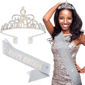 Silver birthday crown with rhinestones and glittery Happy Birthday sash set for women