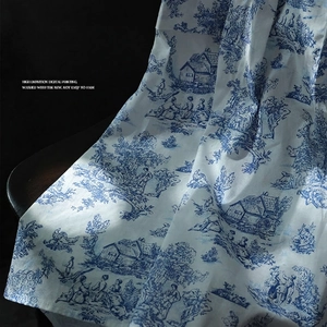 French style vintage floral cotton apron with ruffles and blue Toile de Jouy pattern