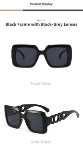 Detailed front and side views of black square oversized sunglasses with hollow chain temples