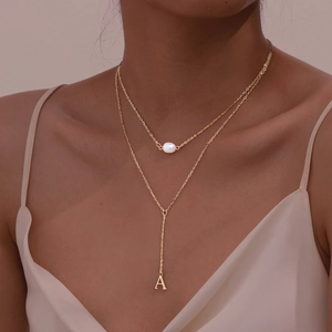 Women's gold stainless steel layered Y-necklace with faux pearl and A letter pendant
