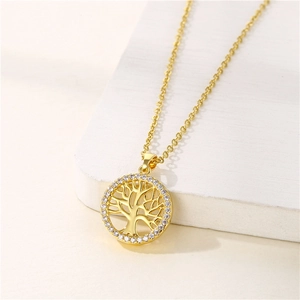 Golden Tree of Life necklace with white zircon pavé and stainless steel cable chain