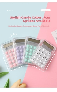 Mini transparent calculators in candy colors showing pink, purple, mint and white options