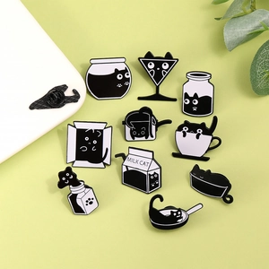 Set of 10 creative black cat enamel pins showing liquid cats in various containers