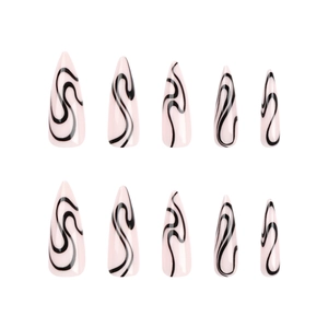 Long stiletto press-on nails set with soft pink base and black marble swirl patterns