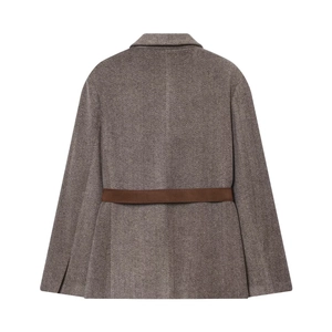 Brown herringbone blazer for women with vintage style and slim waist belt detail