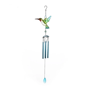 Detail of colorful hummingbird wind chime featuring blue metal tubes and glass ornaments