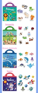 Detailed views of portable dinosaur, ocean, and space themed reusable sticker books