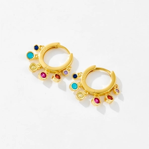 925 sterling silver hoop earrings with six colorful zircon stones in a minimalist style