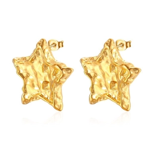 Gold star earrings with textured surface in 18K stainless steel for women