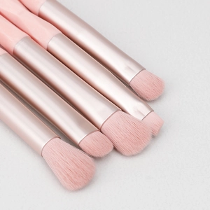 Portable 5-piece pink eye makeup brush set with rose gold ferrules and soft fiber bristles