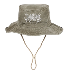 Army green washed cotton bucket hat with white gothic embroidery and windproof rope