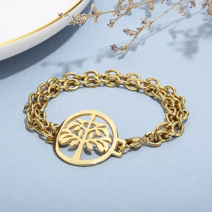 Gold double-layer stainless steel bracelet with Tree of Life pendant for women