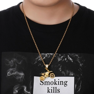 Hip hop motorcycle pendant necklace with sparkling crystals on gold plated rope chain