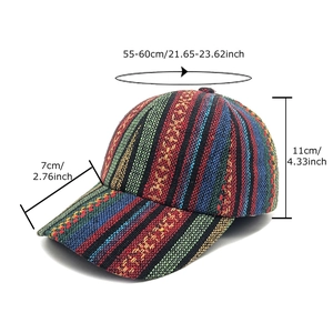 Bohemian woven baseball cap with vibrant stripes and adjustable size specifications