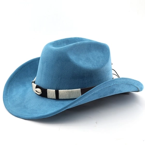 Classic lake blue western cowboy hat in wool felt with decorative shell band on white back