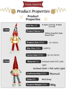 Tableau des tailles détaillé pour les gnomes de Noël suédois lumineux en tricot et PVC