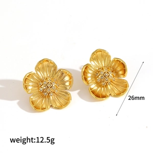 Golden flower earrings with crystal center, 26mm size and 12.5g weight in stainless steel
