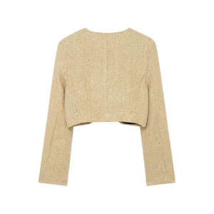 Back view of a metallic tweed cropped jacket with long sleeves and round collar
