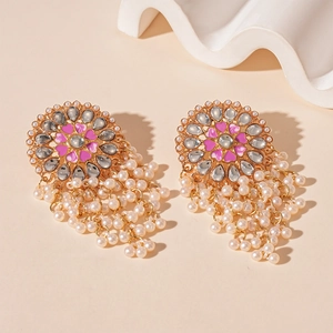 Vintage gold earrings with gray stones, pink flower motifs and white pearl tassels