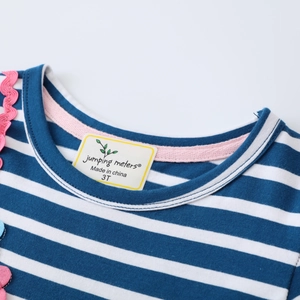 Girl's long sleeve stripe dress with unicorn embroidery and pink wave lace trim details