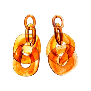 Amber acrylic chain link earrings with vintage geometric oval drops on white background