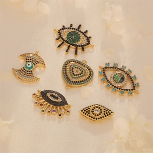 Gold plated evil eye charms with colorful zircon and shell inlays for DIY jewelry
