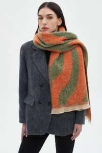 Detail showing plush loop yarn texture with orange and green jacquard ripple pattern