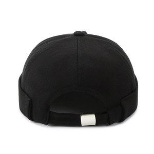 Classic black cotton docker hat with adjustable metal buckle strap, back view