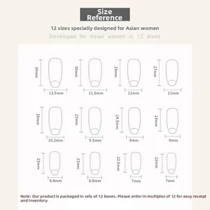 Size chart showing 12 sizes of long ballet press-on nails with precise mm measurements