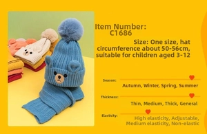 Detailed size chart for kids winter knit hat and scarf set with blue bear design