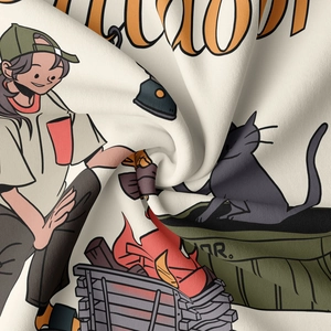 Gros plan sur la texture du tissu de camping montrant des motifs de dessins animés rétro